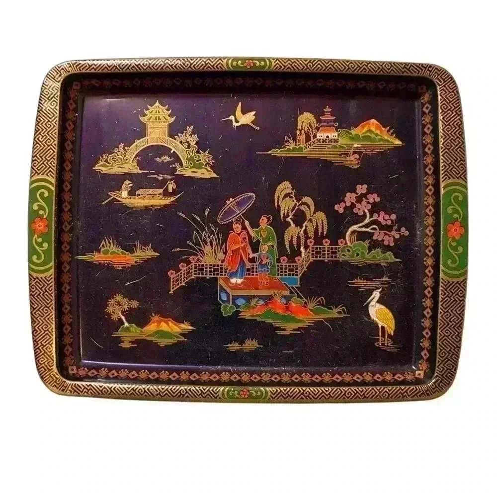 Vintage Daher Decorated Ware Tray Asian Blue/Gold Mid Century Made in England